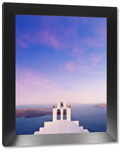 Greece, The Cyclades, Santorini (Thira), Imerovigli, White church at dusk