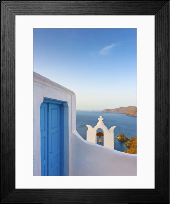 Framed Print : Greece, The Cyclades, Santorini (Thira), Oia, Blue door and bell tower Framed Print : Greece, The Cyclades, Santorini (Thira), Oia, Blue door and bell tower