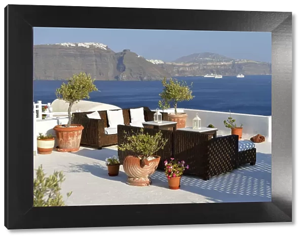 Deck at resort in oia, Santorini, Kyclades, South Aegean, Greece, Europe