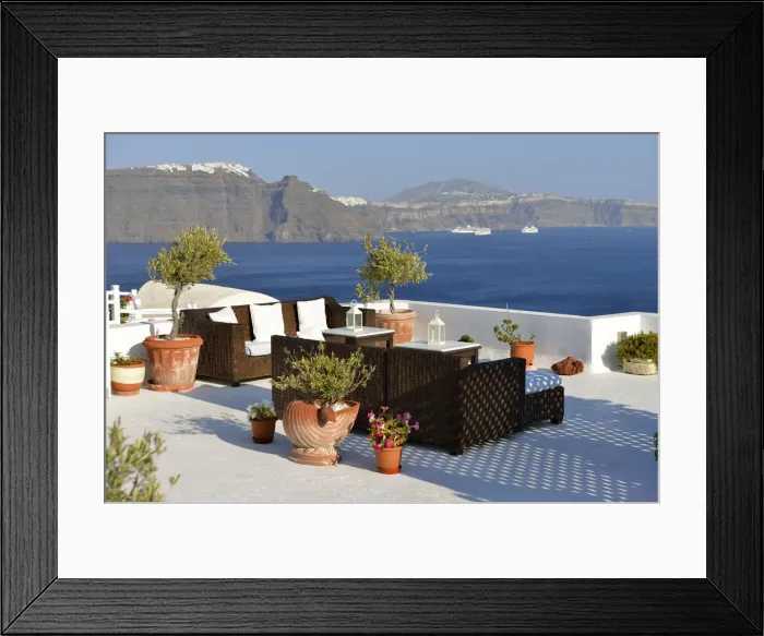Framed Print : Deck at resort in oia, Santorini, Kyclades, South Aegean, Greece, Europe