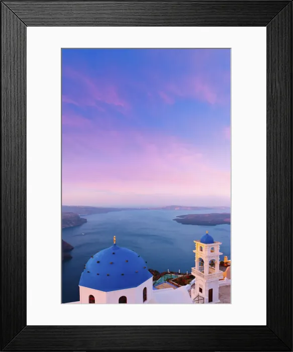 Framed Print : Greece, The Cyclades, Santorini (Thira), Imerovigli, Church dome and bell tower at dusk Framed Print : Greece, The Cyclades, Santorini (Thira), Imerovigli, Church dome and bell tower at dusk