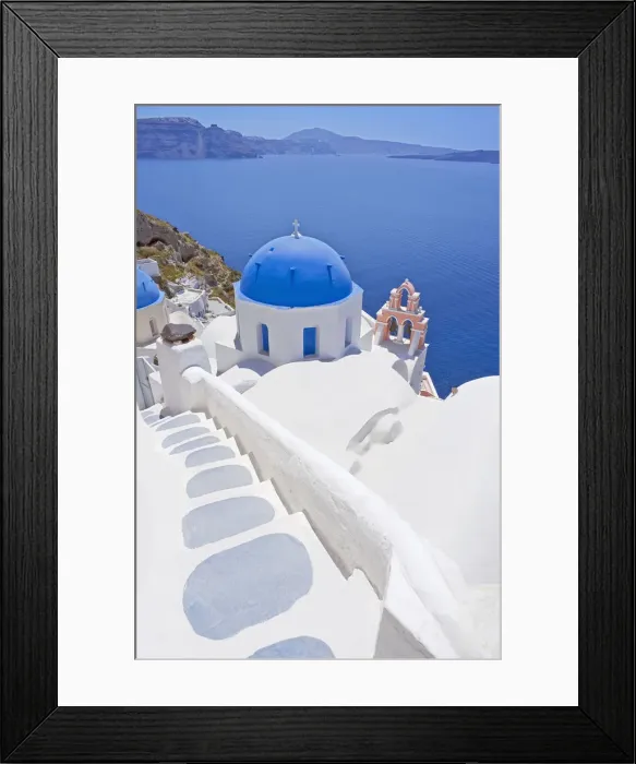 Framed Print : Staircase leading to blue domed church overlooking ocean, Oia, Santorini, Cyclades Framed Print : Staircase leading to blue domed church overlooking ocean, Oia, Santorini, Cyclades