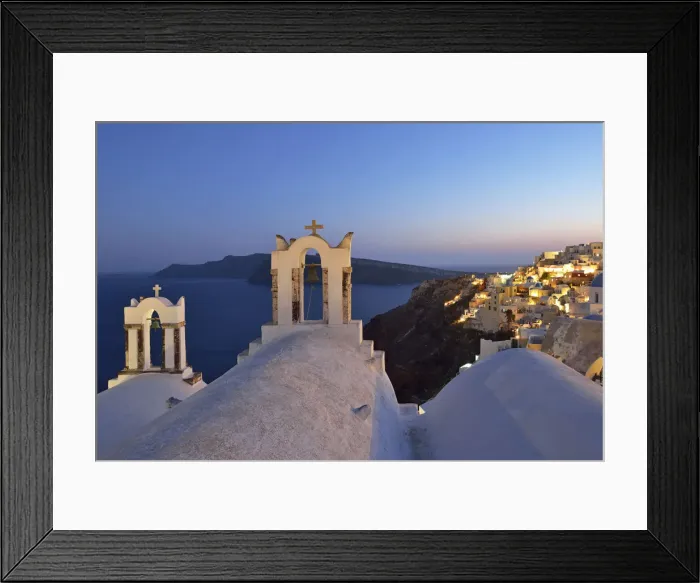 Framed Print : Church and town of Oia at dusk, Santorini, Kyclades, South Aegean, Greece, Europe