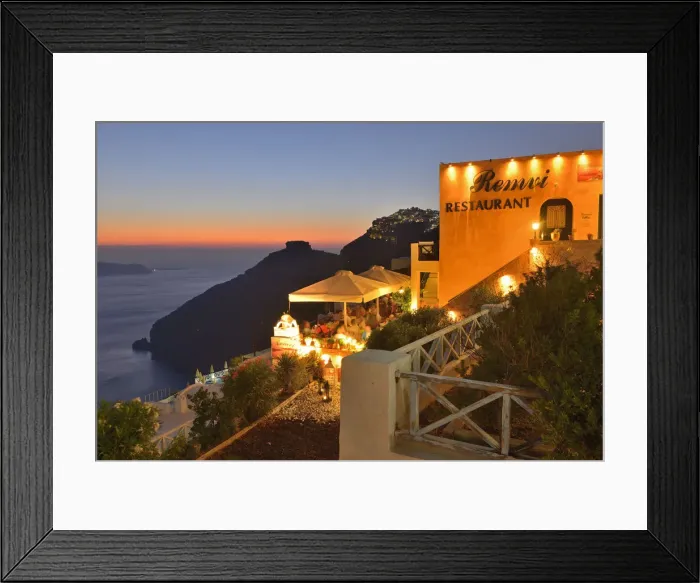 Framed Print : Restaurant sun deck in thira, Santorini, Kyclades, South Aegean, Greece, Europe Framed Print : Restaurant sun deck in thira, Santorini, Kyclades, South Aegean, Greece, Europe
