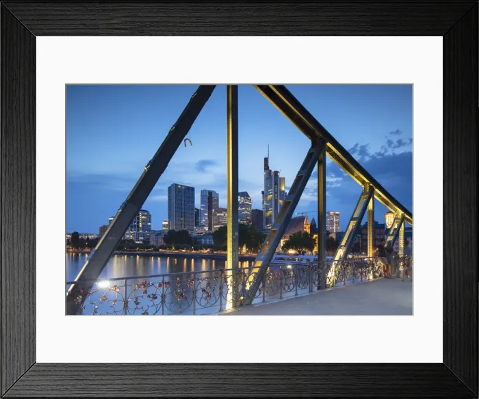 Framed Print : Skyline and Iron Bridge at dusk, Frankfurt, Hesse, Germany Framed Print : Skyline and Iron Bridge at dusk, Frankfurt, Hesse, Germany