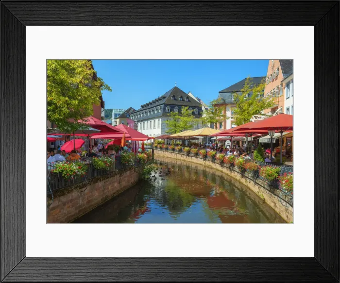 Framed Print : River Leuk with restaurants, Saarburg, Rhineland-Palatinate, Germany