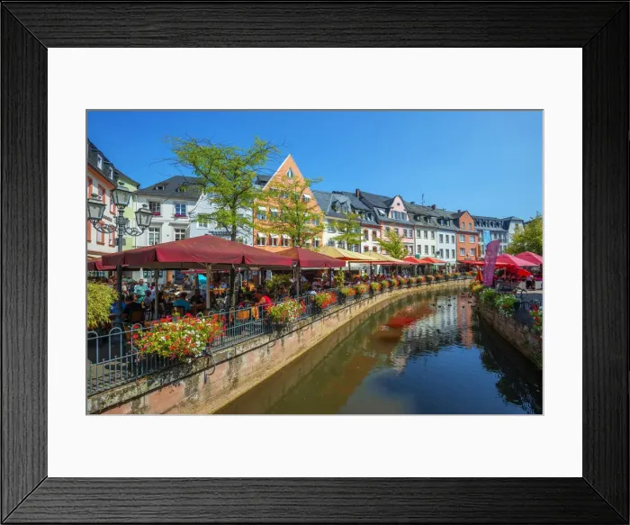 Framed Print : River Leuk with restaurants, Saarburg, Rhineland-Palatinate, Germany Framed Print : River Leuk with restaurants, Saarburg, Rhineland-Palatinate, Germany
