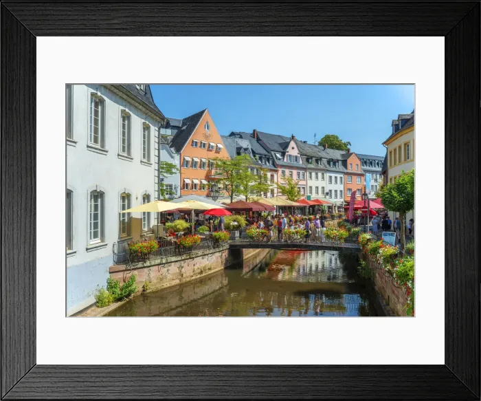 Framed Print : River Leuk with restaurants, Saarburg, Rhineland-Palatinate, Germany Framed Print : River Leuk with restaurants, Saarburg, Rhineland-Palatinate, Germany