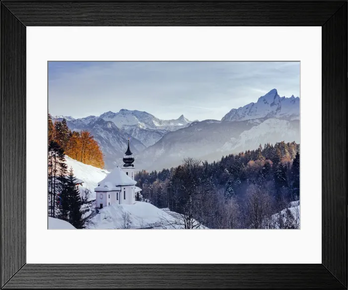 Framed Print : View of the church of Wallfahrtskirche Maria Gerna at sunset in winter sorrounded Framed Print : View of the church of Wallfahrtskirche Maria Gerna at sunset in winter sorrounded