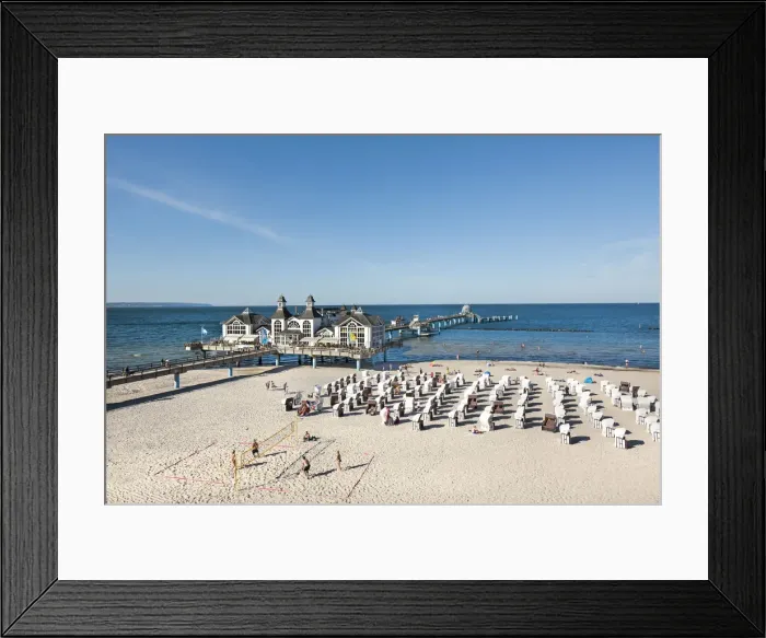 Framed Print : Pier, beach and beach baskets, Sellin, Rügen Island, Mecklenburg-Western Framed Print : Pier, beach and beach baskets, Sellin, Rügen Island, Mecklenburg-Western
