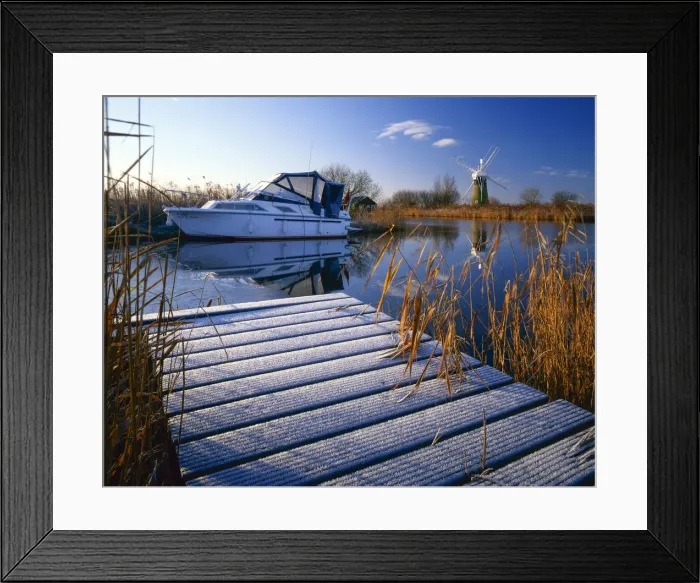 Framed Print : Boat Dock in Frost, River Thurne, Norfolk Broads National Park, Norfolk, England Framed Print : Boat Dock in Frost, River Thurne, Norfolk Broads National Park, Norfolk, England