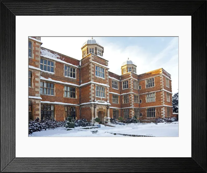 Framed Print : Lincolnshire, UK. Snow covers the front of Doddington hall Framed Print : Lincolnshire, UK. Snow covers the front of Doddington hall