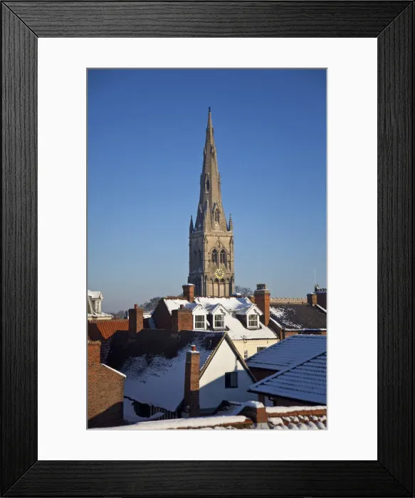 Framed Print : Newark, UK. The Church of St Mary Magdalene rises above Newarks eclectic roofscape Framed Print : Newark, UK. The Church of St Mary Magdalene rises above Newarks eclectic roofscape
