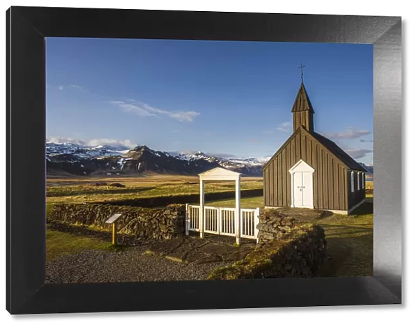 Budir, Snaefellsness peninsula, Iceland. Black church of Budir at sunset