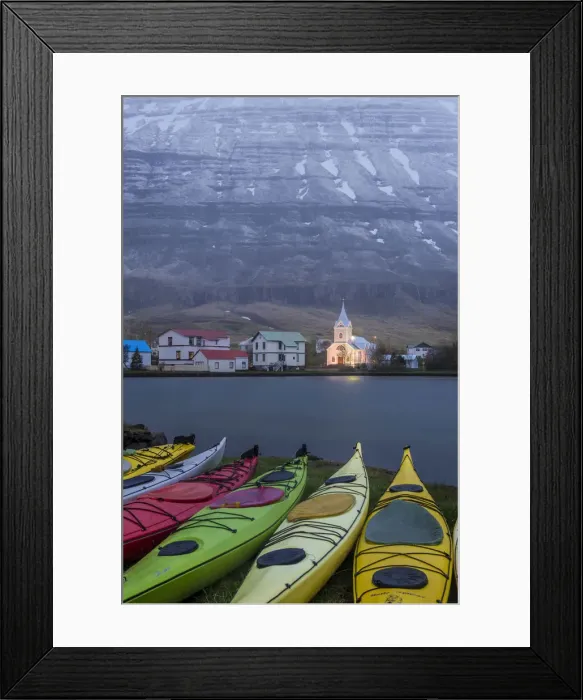 Framed Print : Seydisfjordur, eastern fjords, Iceland. Church and moored kayaks Framed Print : Seydisfjordur, eastern fjords, Iceland. Church and moored kayaks
