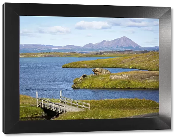 Myvatn, Iceland. lakes and green landscape with volcanic mountains on background