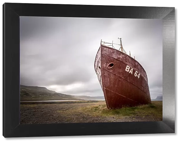 Westfjord, Iceland. Lonely shipwreak in the cold icelandic landscape