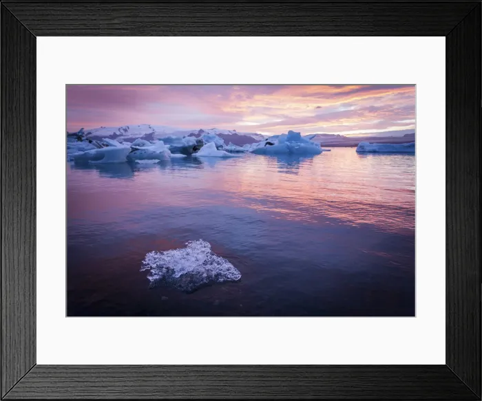 Framed Print : Iceland, Jokulsarlon Glacier Lagoon, icebergs and ice chunk at sunset