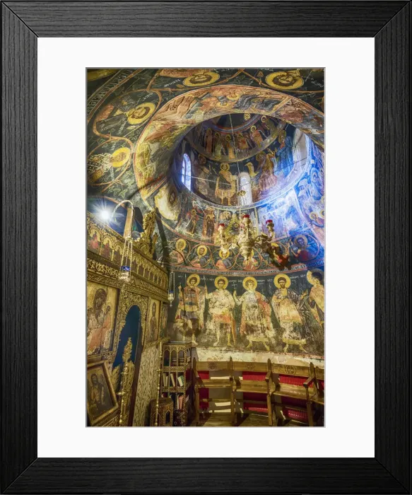 Framed Print : Byzantine frescoes inside the Monastery of Moni Agias Triados or Monastery of