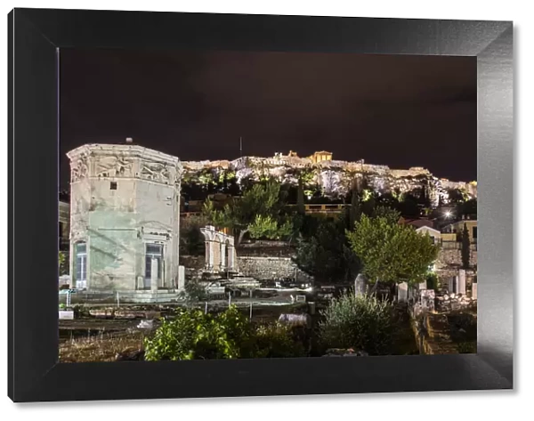 Night view of Tower of the Winds with Acropolis behind, Athens, Attica, Greece
