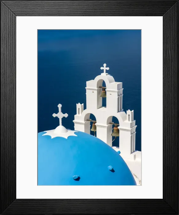 Framed Print : Three Bells of Fira with blue dome, Fira, Santorini, South Aegean, Greece Framed Print : Three Bells of Fira with blue dome, Fira, Santorini, South Aegean, Greece