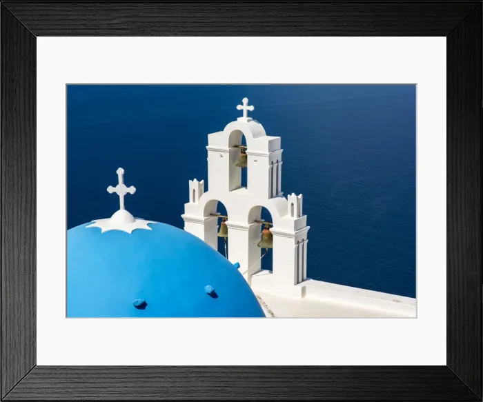 Framed Print : Three Bells of Fira with blue dome, Fira, Santorini, South Aegean, Greece Framed Print : Three Bells of Fira with blue dome, Fira, Santorini, South Aegean, Greece