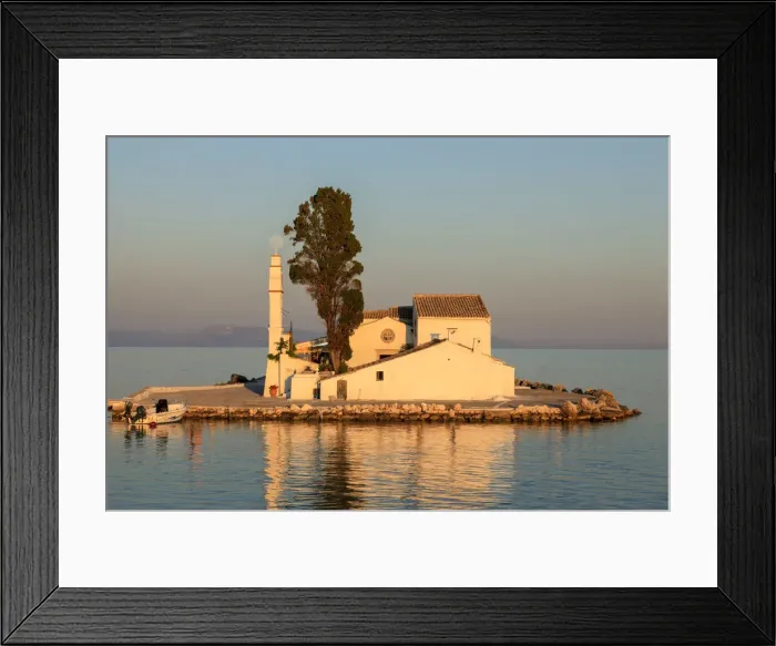 Framed Print : Sunset on Vlacherna Monastery and the Church of Pantokrator on Mouse Island, Kanoni Framed Print : Sunset on Vlacherna Monastery and the Church of Pantokrator on Mouse Island, Kanoni