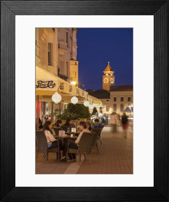 Framed Print : Outdoor cafes at dusk, Szeged, Southern Plain, Hungary
