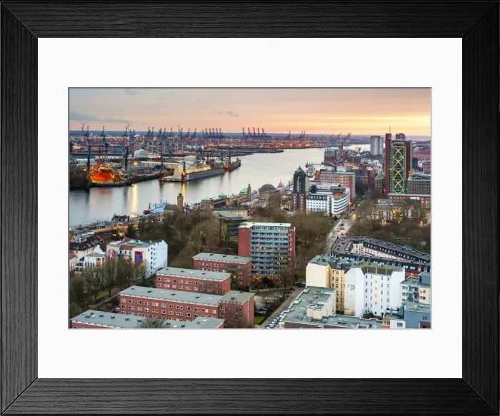 Framed Print : High Angle view of central Hamburg at sunset, Hamburg, Germany, Europe