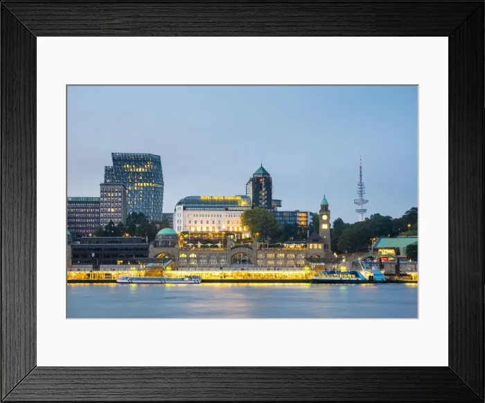 Framed Print : Central Hamburg skyline along Elbe River at dusk, looking towards St Framed Print : Central Hamburg skyline along Elbe River at dusk, looking towards St