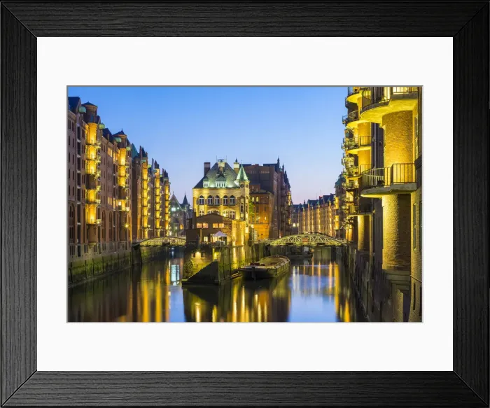 Framed Print : View of Wasserschlosz at night from Poggenmuhlenbrucke in Speicherstadt warehouse district, HafenCity, Hamburg, Germany Framed Print : View of Wasserschlosz at night from Poggenmuhlenbrucke in Speicherstadt warehouse district, HafenCity, Hamburg, Germany