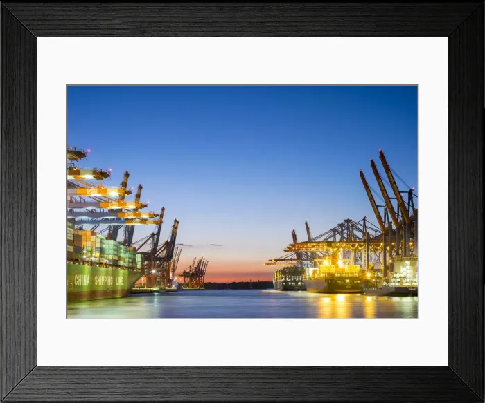 Framed Print : Cargo ships being loaded at Eurokai and Burchardkai in Hamburg Harbor at night, Waltershofer Framed Print : Cargo ships being loaded at Eurokai and Burchardkai in Hamburg Harbor at night, Waltershofer
