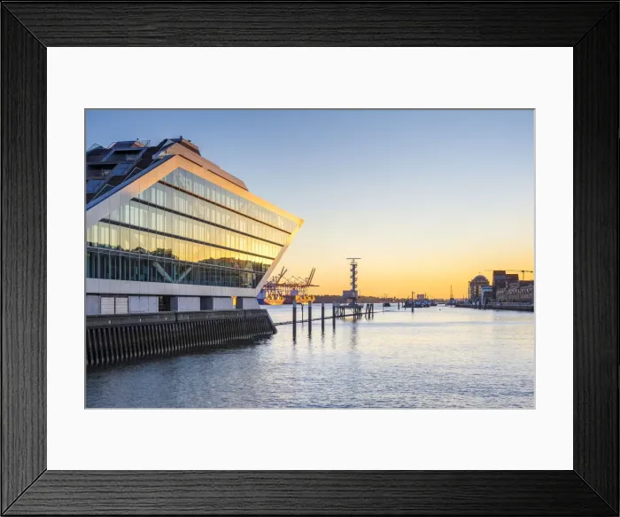 Framed Print : Dockland office building on the Elbe River at sunset, Altona-Altstadt, Hamburg, Germany Framed Print : Dockland office building on the Elbe River at sunset, Altona-Altstadt, Hamburg, Germany