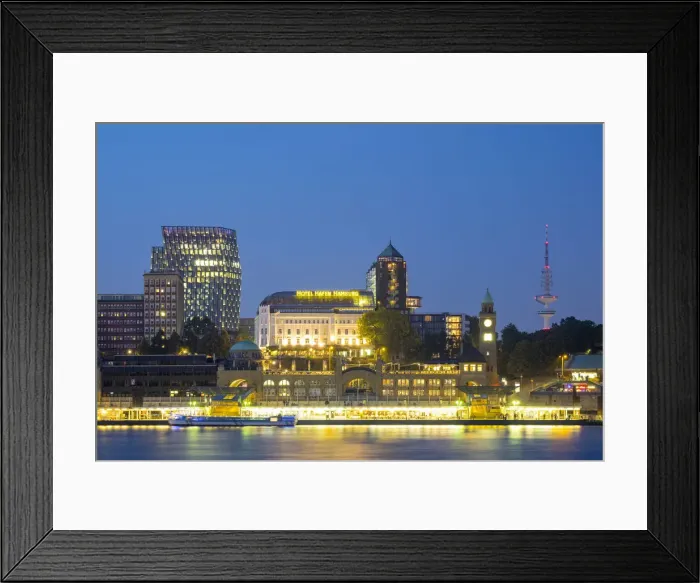 Framed Print : Central Hamburg skyline along Elbe River at night, looking towards St Framed Print : Central Hamburg skyline along Elbe River at night, looking towards St