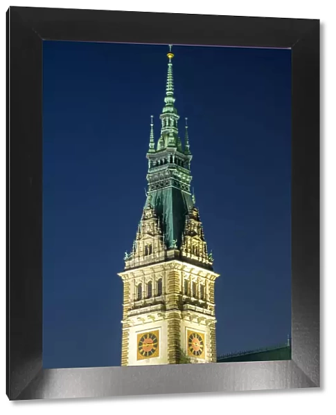 Tower of Hamburg Rathaus (City Hall) at night, Altstadt, Hamburg, Germany