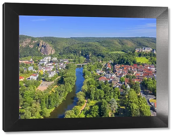 Aerial view on River Nahe with Ebernburg castle, Ebernburg, Bad Kreuznach, Nahe valley