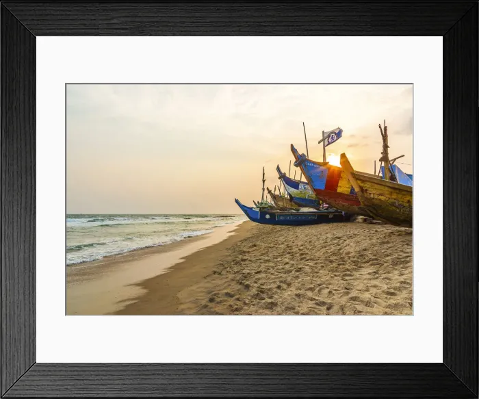 Framed Print : Africa, Ghana, Elmina and surroundings. Traditional fishing boats on the beach in Framed Print : Africa, Ghana, Elmina and surroundings. Traditional fishing boats on the beach in