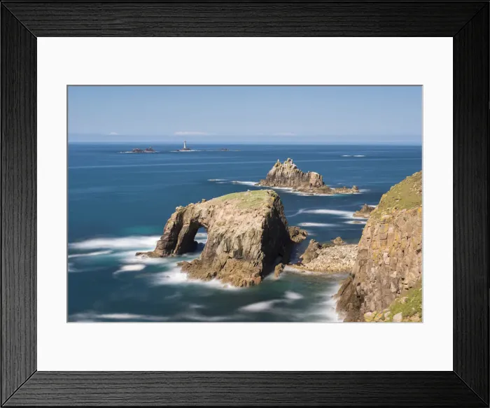 Framed Print : Enys Dodnan, the Armed Knight and Longships Lighthouse, all off the coast of Land s Framed Print : Enys Dodnan, the Armed Knight and Longships Lighthouse, all off the coast of Land s