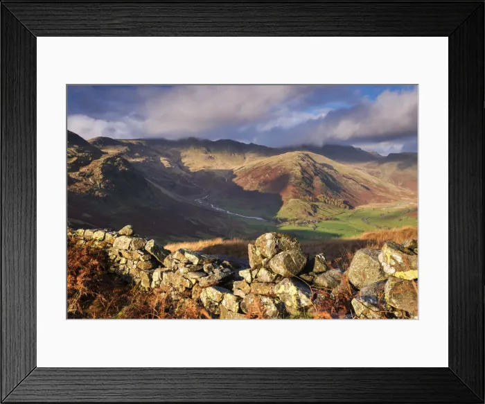 Framed Print : Tumbledown dry stone wall near Great Langdale in the Lake District, Cumbria, England Framed Print : Tumbledown dry stone wall near Great Langdale in the Lake District, Cumbria, England