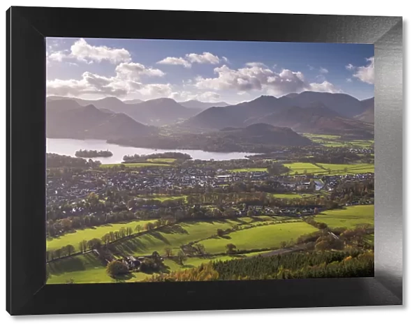 Keswick and Derwent Water on a bright autumnal afternoon, Lake District, Cumbria, England
