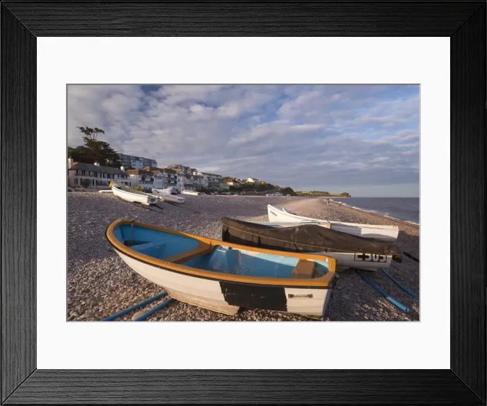Framed Print : Boats pulled up onto the beach at Budleigh Salterton, Devon, England. Summer (July) 2014 Framed Print : Boats pulled up onto the beach at Budleigh Salterton, Devon, England. Summer (July) 2014