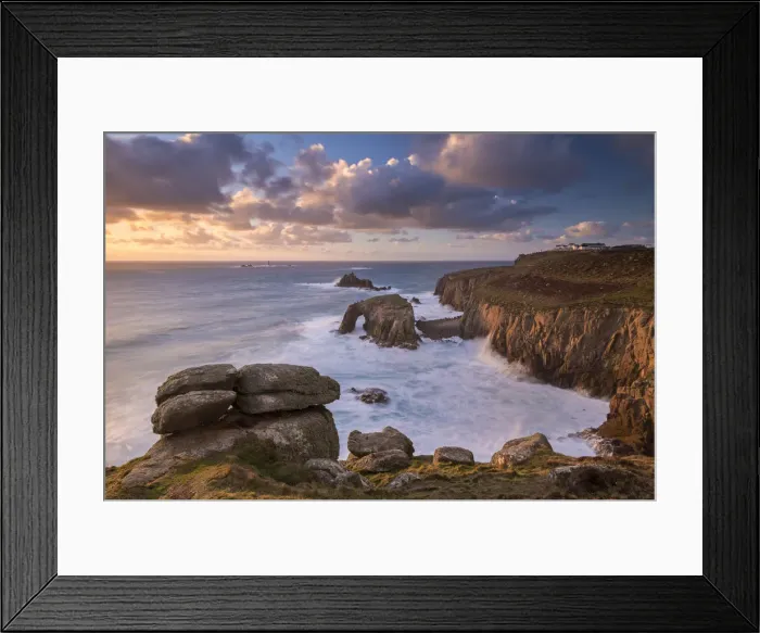 Framed Print : Dramatic coastal scenery at Lands End in Cornwall, England. Winter (February) 2015 Framed Print : Dramatic coastal scenery at Lands End in Cornwall, England. Winter (February) 2015