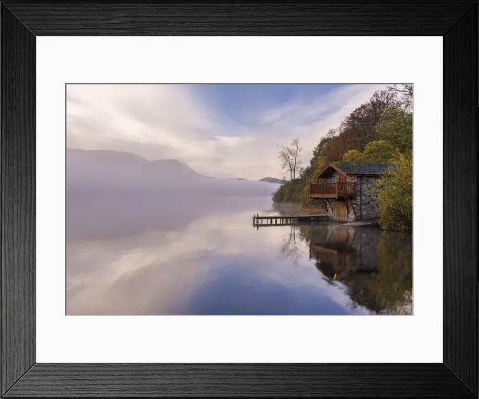Framed Print : Duke of Portland Boathouse on misty Ullswater, Lake District, Cumbria, England. Autumn