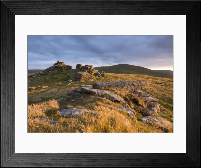 Framed Print : Golden evening light on West Mill Tor, Dartmoor National Park, Devon, England. Summer Framed Print : Golden evening light on West Mill Tor, Dartmoor National Park, Devon, England. Summer