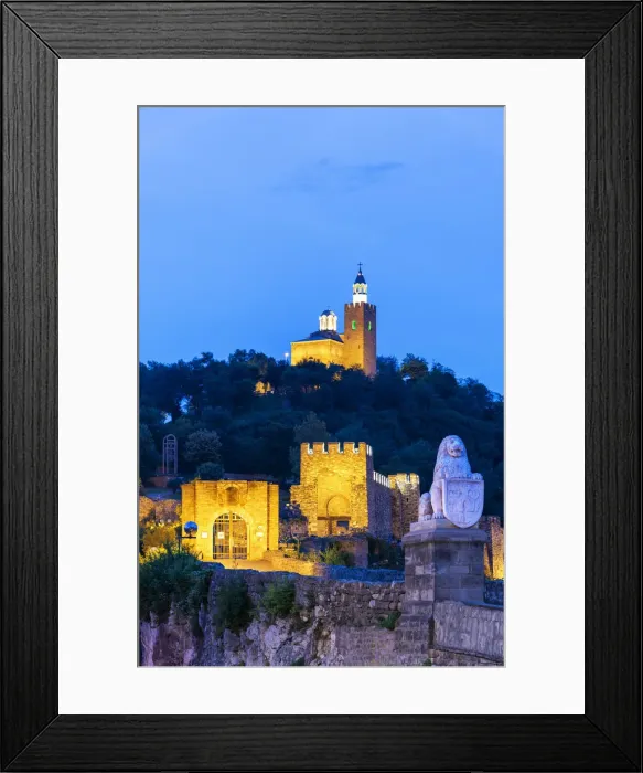 Framed Print : Tsarevets fortress and the Ascension Cathedral on the top of the hill, at dusk