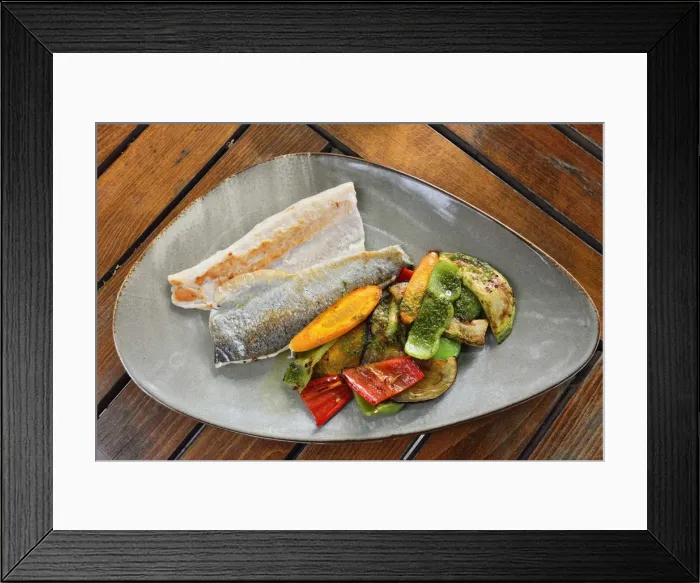 Framed Print : Trout fillet with vegetables. Sofia, Bulgaria Framed Print : Trout fillet with vegetables. Sofia, Bulgaria