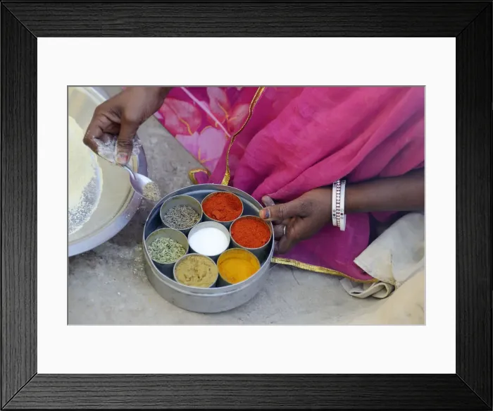 Framed Print : A woman cooking with spices and herbs in the Village of Pachewar, Rajasthan, India, Asia Framed Print : A woman cooking with spices and herbs in the Village of Pachewar, Rajasthan, India, Asia