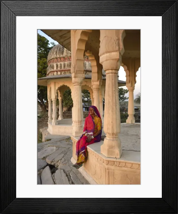 Framed Print : Indian woman watching sunset, Village of Pachewar, Rajasthan, India, Asia