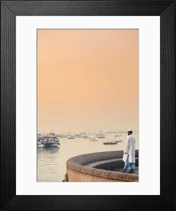 Framed Print : India, Maharashtra, Mumbai, a Muslim man watching sunrise over Mumbai harbour Framed Print : India, Maharashtra, Mumbai, a Muslim man watching sunrise over Mumbai harbour