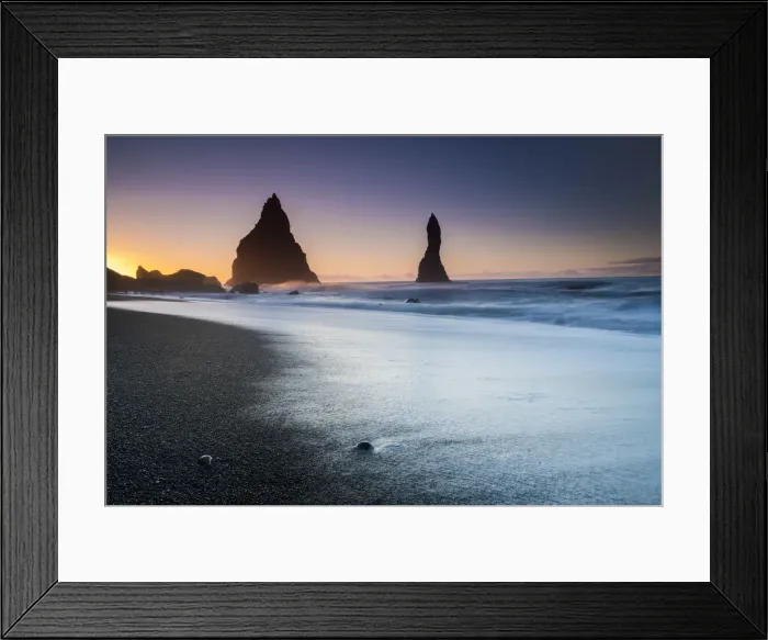 Framed Print : Silhouette Reynisdrangar rock formations in sea near Vik i Mydral during sunrise Framed Print : Silhouette Reynisdrangar rock formations in sea near Vik i Mydral during sunrise